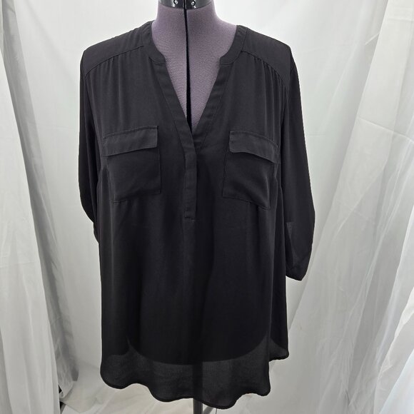 810-5 Torrid Black Chiffon Harper ¾ sleeve hi-low Tunic Blouse Size 1 14/16 - Picture 1 of 12